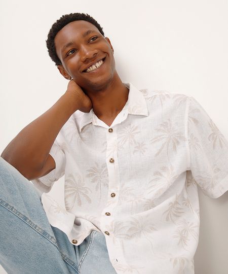 camisa com linho folhagens bege G