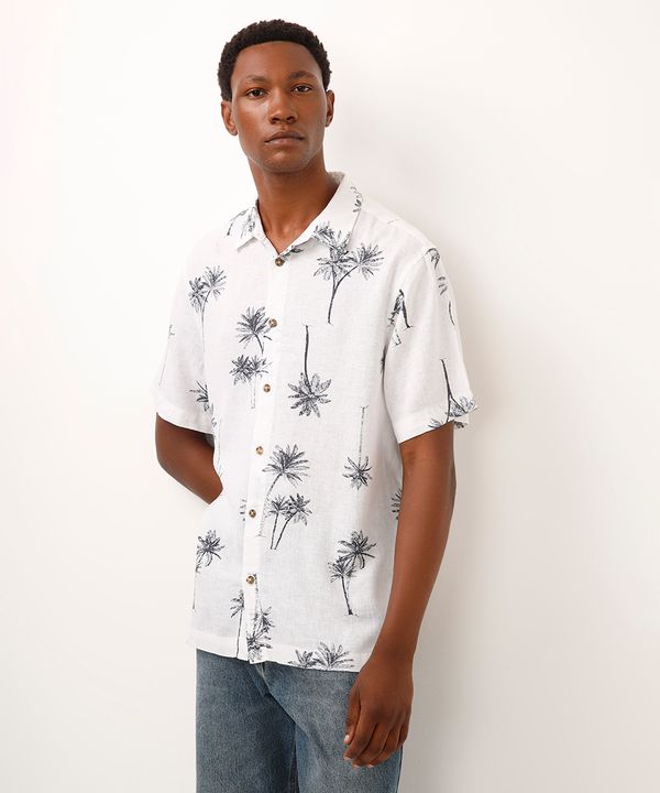 camisa com linho folhagens azul P