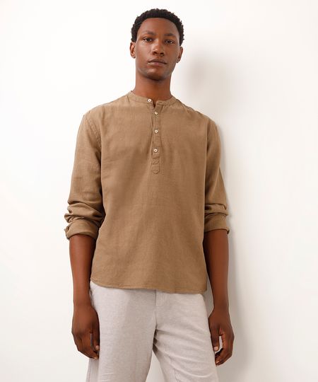 bata de linho gola padre manga longa bege M bata de linho gola padre manga longa bege M