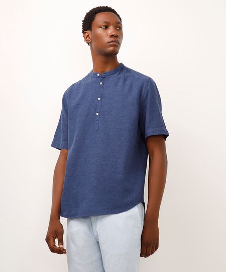 bata de linho e algodão manga curta azul GG