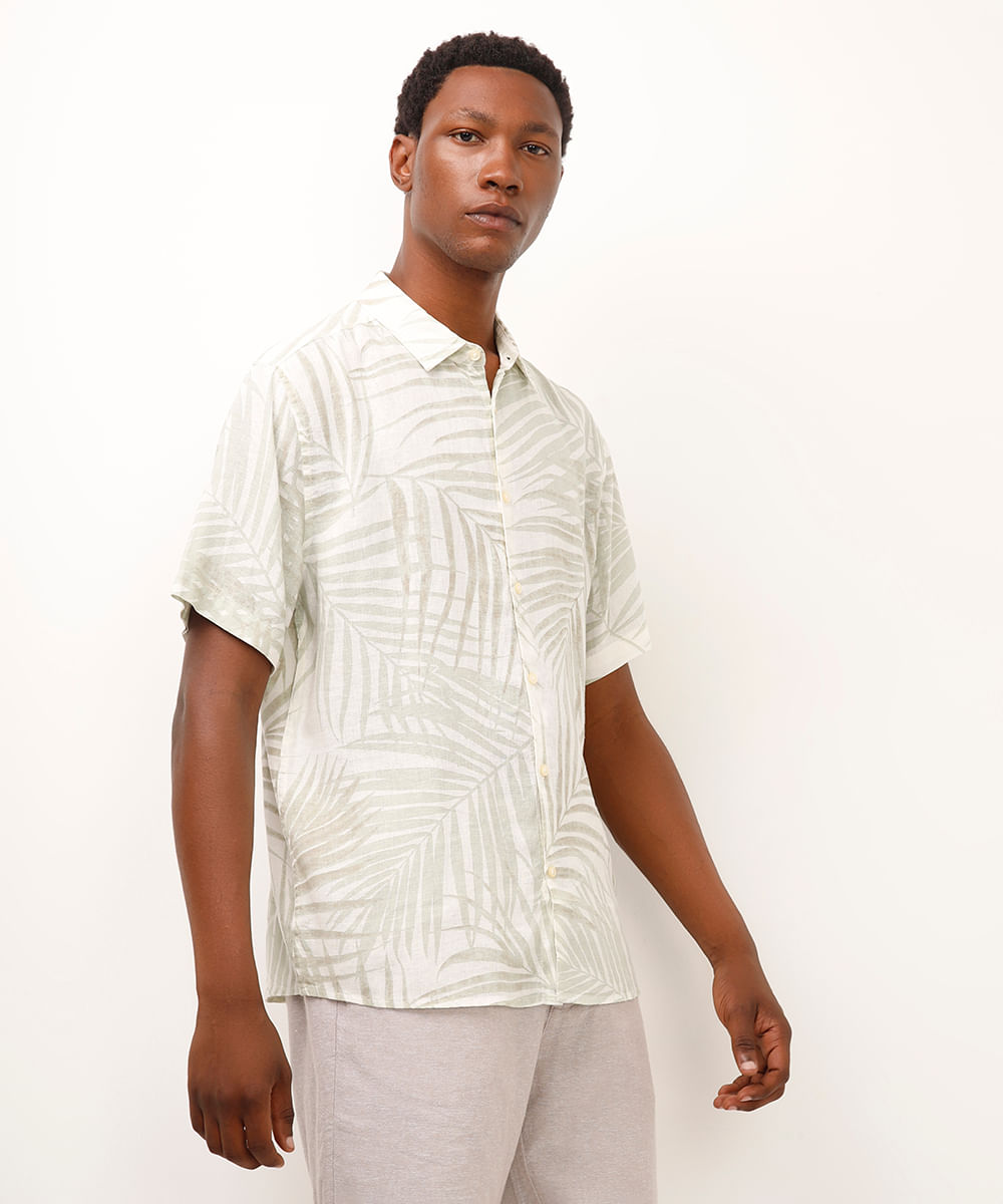 camisa comfort com linho folhagem off white