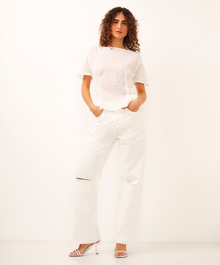 calça wide leg de sarja destroyed off white 36