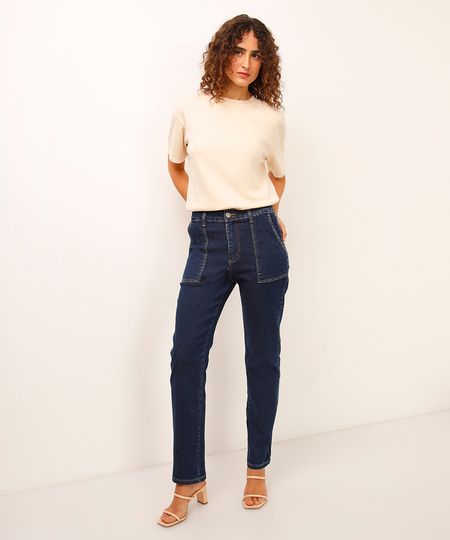 calça reta jeans cintura alta sawary azul 40