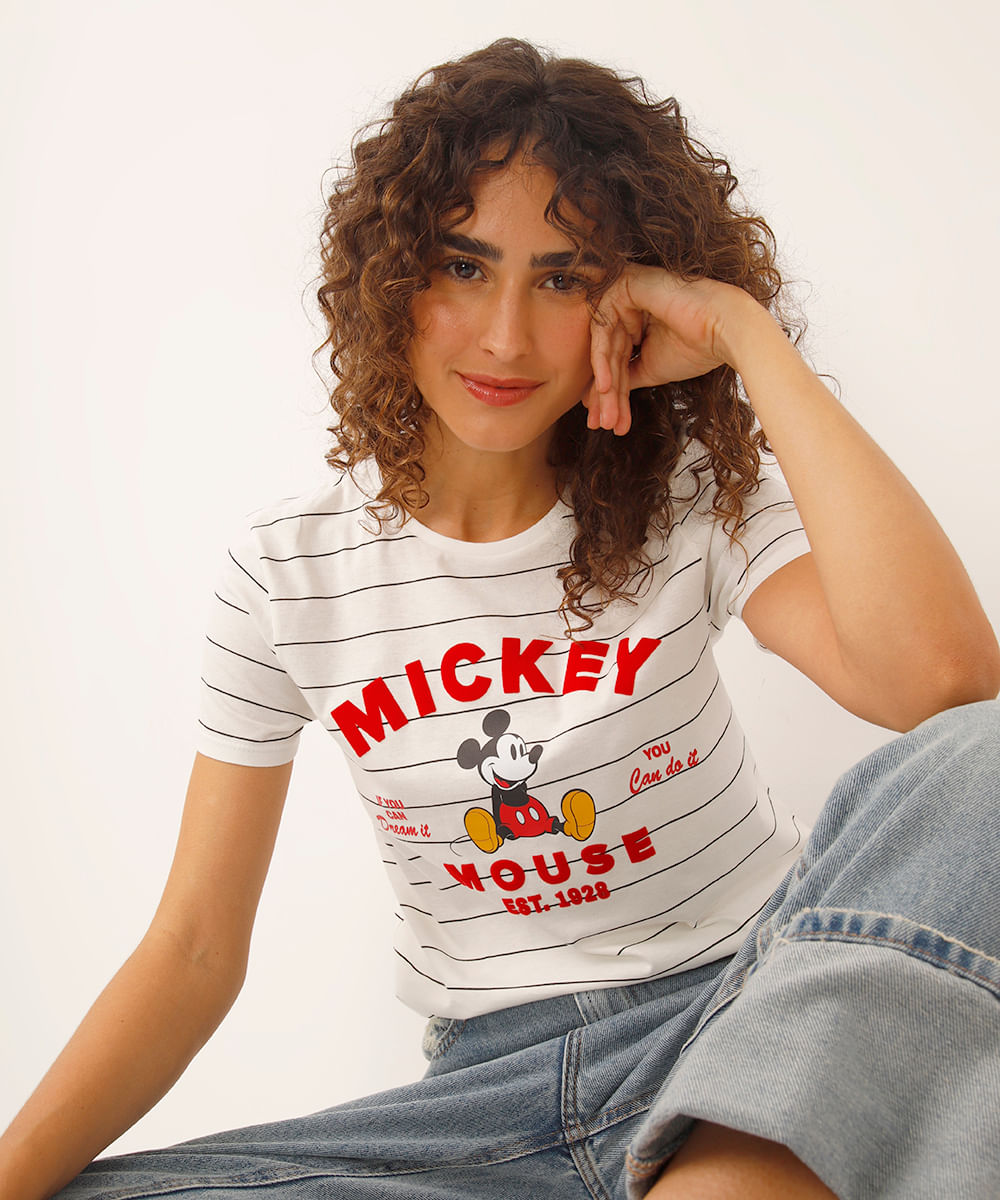 camiseta de algodão mickey listrada off white
