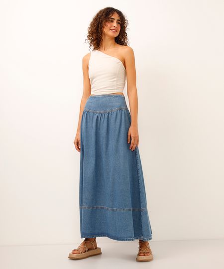 saia midi jeans godê azul 46