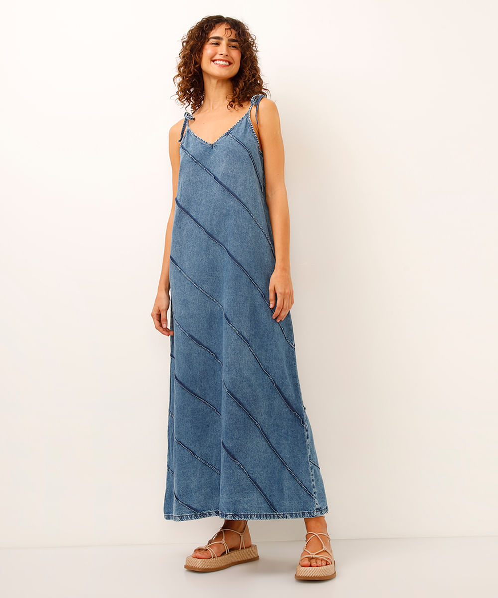 vestido longo jeans com recortes azul