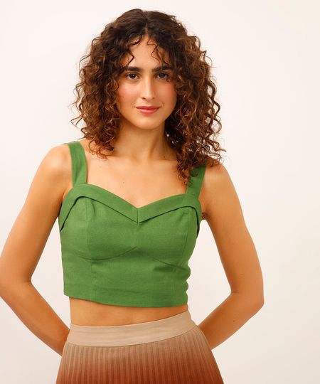 cropped com linho decote coração verde M cropped com linho decote coração verde M