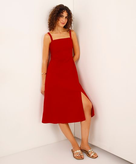 vestido midi de viscose com fenda  - vermelho escuro M vestido midi de viscose com fenda  - vermelho escuro M