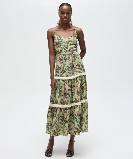 vestido saída de praia com linho folhagem patbo bege M