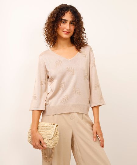 blusa de tricot com lurex folhagens bege P blusa de tricot com lurex folhagens bege P