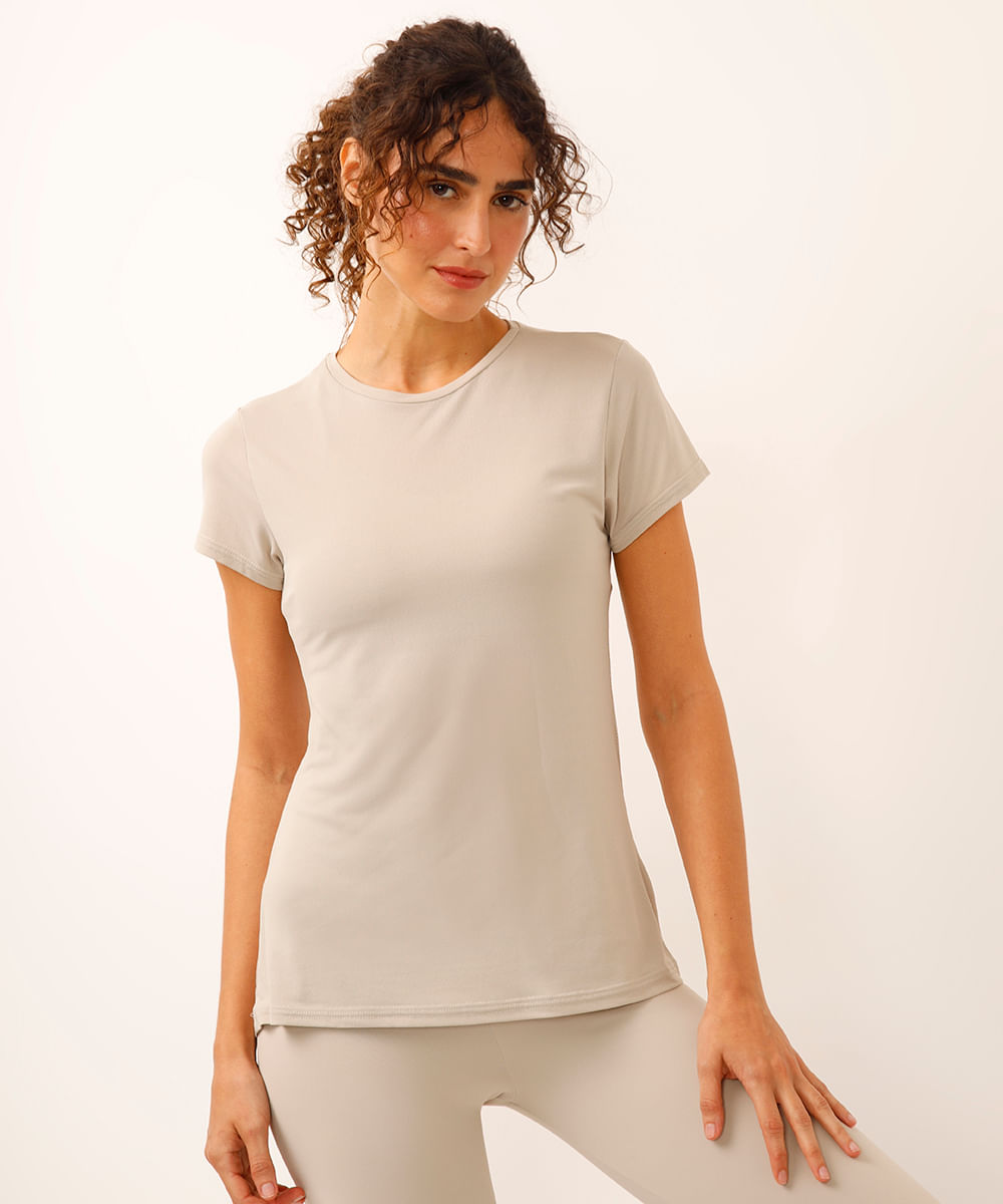 camiseta feminina esportiva ace com recorte manga curta bege
