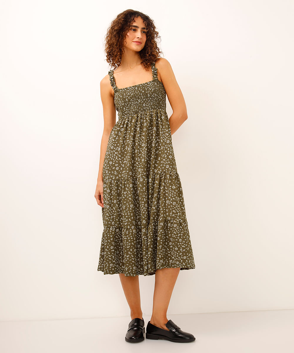 vestido midi decote quadrado texturizado floral verde
