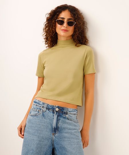 blusa básica manga curta gola alta verde claro PP