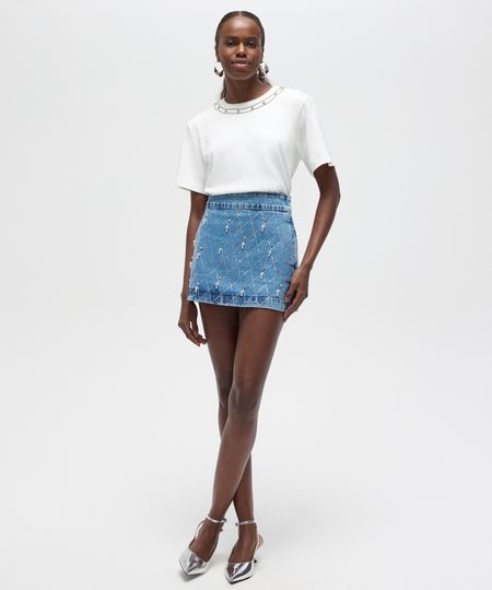minissaia jeans com strass e pérolas patbo azul 38