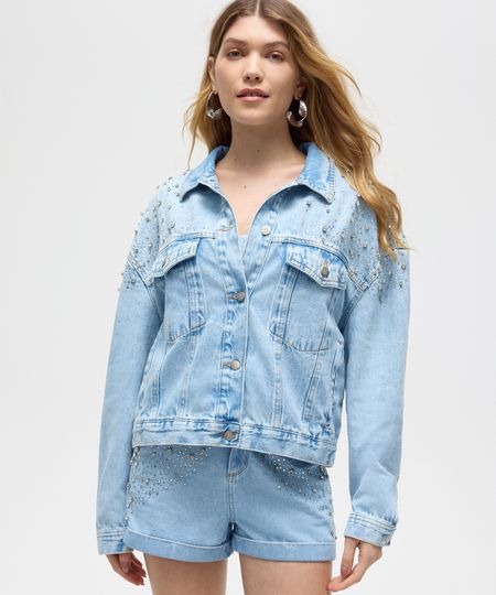 jaqueta cropped jeans com strass patbo azul M