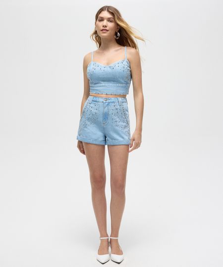 short mom jeans com strass patbo azul 34