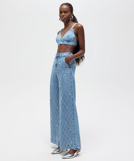 calça wide leg jeans cintura alta com pérolas e brilhos patbo azul 34