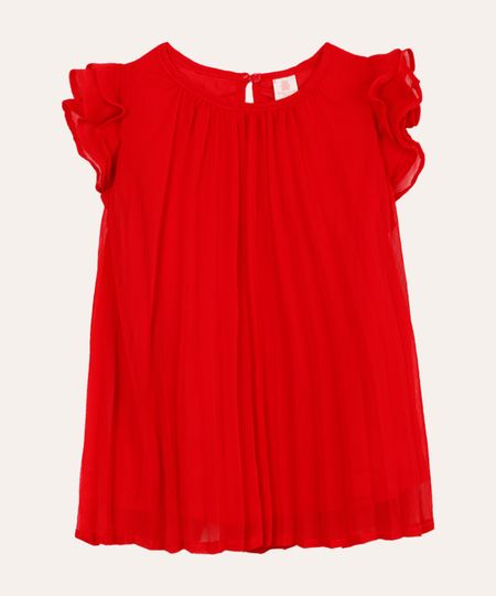 vestido plissado infantil com babados vermelho 9-12