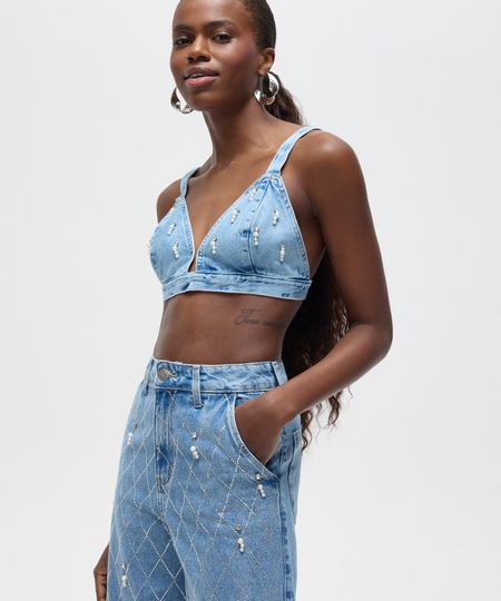 top jeans triângulo com pérolas e brilhos patbo azul P