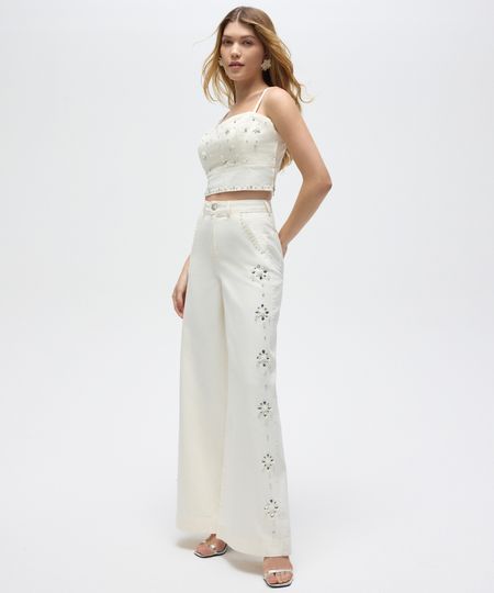 calça wide leg de sarja com brilhos floral patbo off white 34