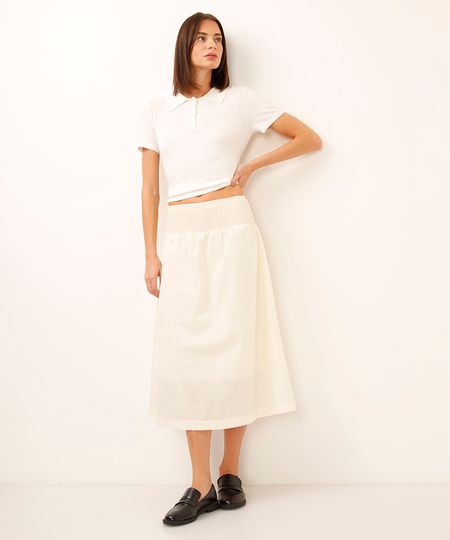 saia midi evasê com lastex off white P saia midi evasê com lastex off white P