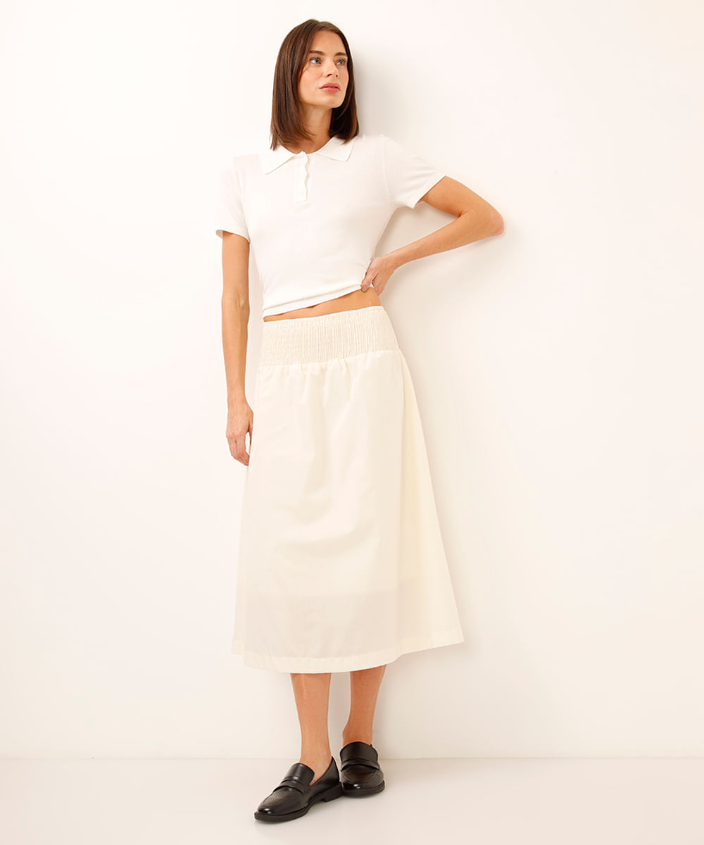 saia midi evasê com lastex off white