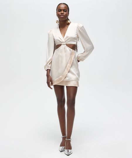 vestido curto manga bufante com franjas patbo off white G