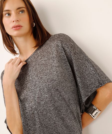 blusa de lurex manga curta preta P blusa de lurex manga curta preta P