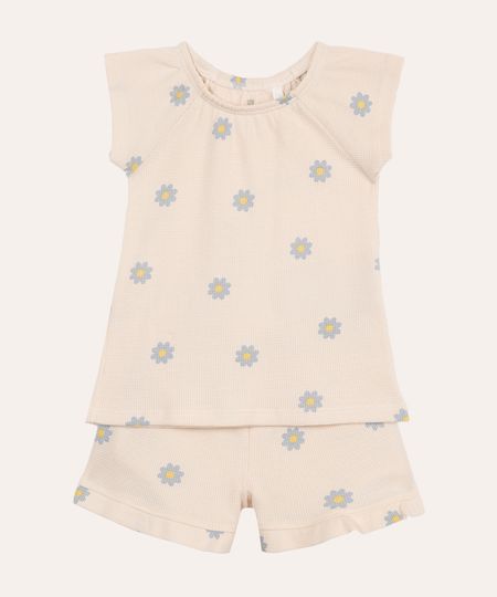 conjunto infantil texturizado margaridas bege 6-9