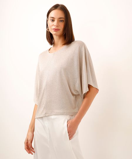 blusa de lurex manga curta bege GG blusa de lurex manga curta bege GG