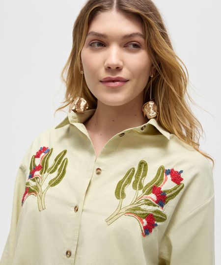 camisa saída de praia manga longa floral patbo verde G