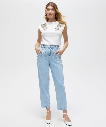 calça baggy jeans com strass patbo azul 34