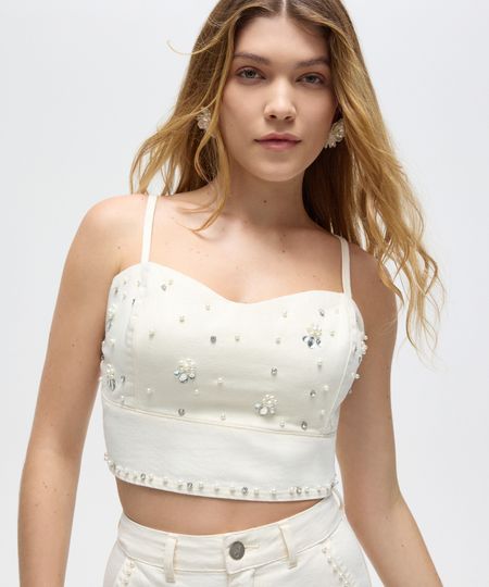 cropped de sarja floral com brilhos patbo off white PP