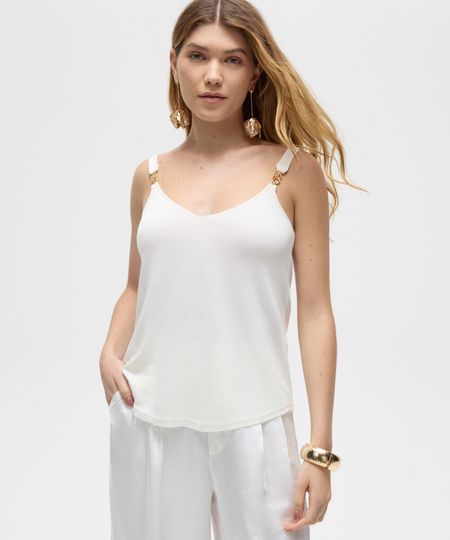 regata de tricot alça fina com aviamento patbo off white P
