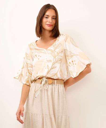 blusa de viscose folhagem com amarração bege PP blusa de viscose folhagem com amarração bege PP