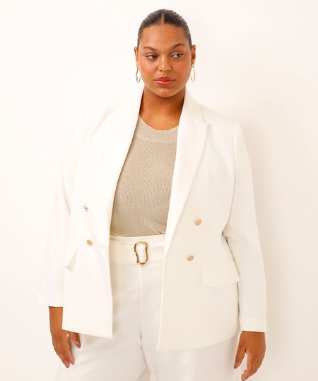 blazer de alfaiataria com ombreiras plus size off white GG3