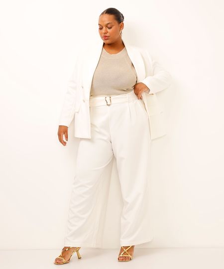 calça wide leg com cinto plus size off white 48