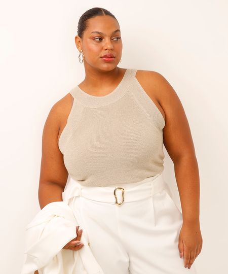 blusa halterneck de tricot com lurex plus size dourada GG1