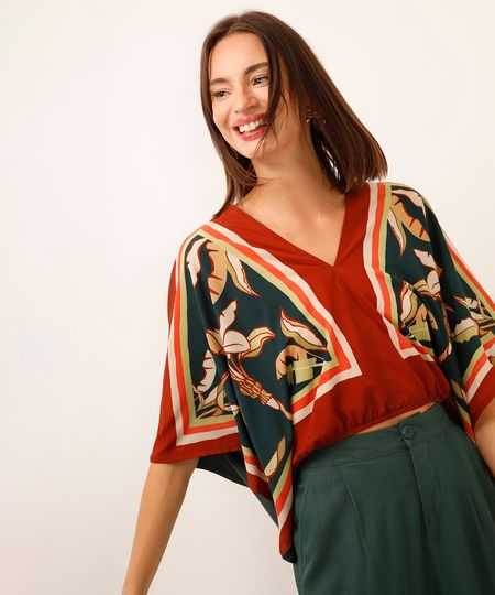 bata decote v folhagens verde P bata decote v folhagens verde P