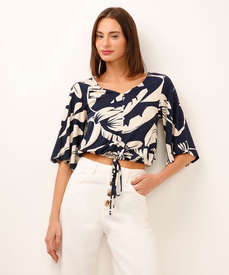 blusa de viscose com amarração folhagens azul M