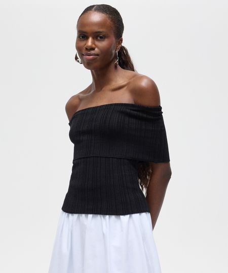 blusa de tricot ombro a ombro texturizada patbo preta P