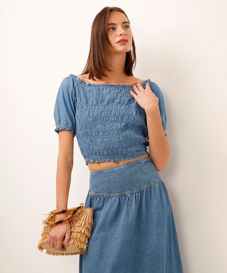 blusa jeans manga bufante com lastex azul M