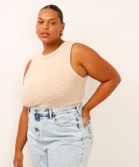 regata de tricot texturizada plus size bege GG2 regata de tricot texturizada plus size bege GG2