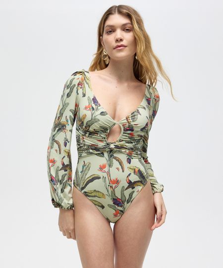 maiô manga longa bufante folhagem patbo bege PP maiô manga longa bufante folhagem patbo bege PP