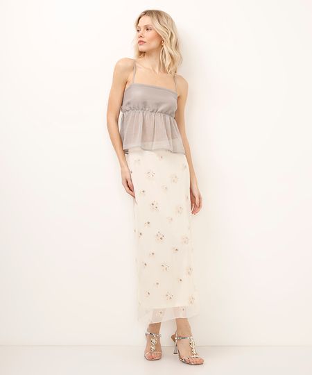 saia midi de tule com bordado floral off white P