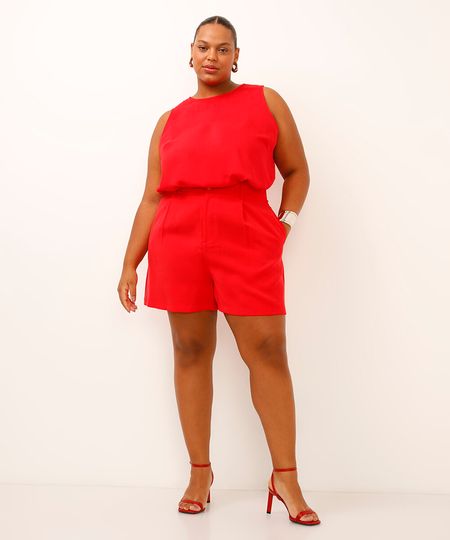 short de alfaiataria com pregas plus size vermelho 56