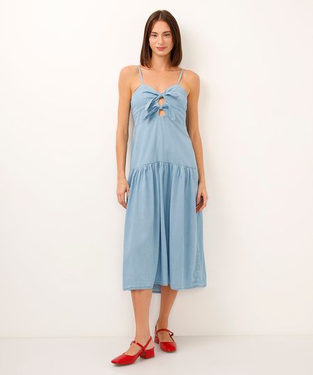 vestido midi jeans com amarração azul PP