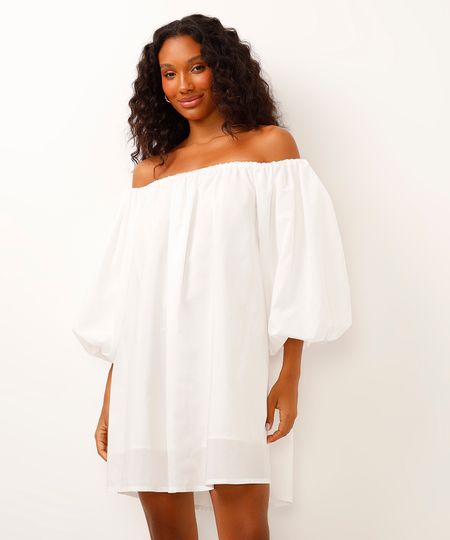 vestido ombro a ombro manga balonê off white PP