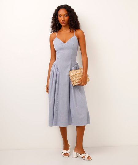 vestido midi decote v com recorte listrado off white P