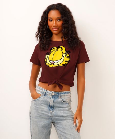 cropped de algodão garfield com amarração vinho M